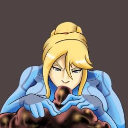 1girls blonde_hair blue_eyes bodysuit breasts fellatio female gigabit hair_between_eyes large_breasts long_hair metroid monster nintendo oral parasite ponytail rape samus_aran slime slime_monster x_parasite zero_suit_samus