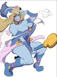 1girls big_breasts blue_body blue_skin blush breasts cleavage dark_magician_girl female female_only fusion fusion_character looking_at_viewer mystical_elf peace_sign staff tsunapiko yu-gi-oh!