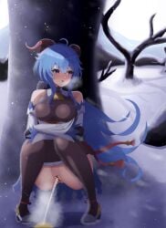 1girls bar_censor bare_tree blue_hair blush censored female ganyu_(genshin_impact) genshin_impact goat_horns hair_between_eyes horns long_hair oreon_z peeing pissing purple_eyes pussy snow snowing solo squatting tree