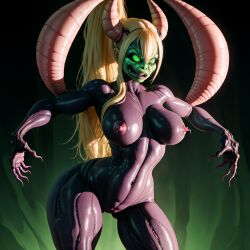 ai_generated alien alien_girl blonde_hair breasts corruption green_eyes green_face metroid mutation nintendo nipples samus_aran tendrils transformation unstable_diffusion