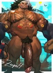 1boy bara brown-skinned_male brown_skin flaccid grin huge_cock male male_only manly masculine massive_cock massive_penis mauga nude overwatch overwatch_2 penis_to_the_knees solo solo_male tattoo_on_shoulder tattooed_arm tattooed_chest zenpei zenpei4