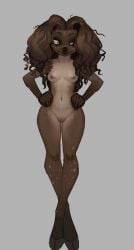 2023 anthro biped breasts brown_body brown_fur brown_hair cloven_hooves curled_hair deer digital_media_(artwork) discreet_user female full-length_portrait fur genitals grey_background hair half-closed_eyes hand_on_hip hand_on_own_hip hi_res hooves mammal multicolored_body multicolored_fur narrowed_eyes navel nipples portrait pussy simple_background solo spots spotted_body spotted_fur tan_body tan_fur