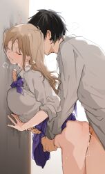 1boy against_wall ass_ripple biting biting_lip black_hair blush bow bowtie breast_press breasts breath brown_hair closed_eyes doggy_style female heart highres large_breasts nonoyama original purple_bow purple_bowtie purple_skirt pussy_juice school_uniform sex sex_from_behind skirt standing standing_sex straight torso_grab white_background