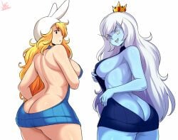 2girls adventure_time ass ass_cleavage big_ass big_breasts big_butt blonde_hair blue_body blue_skin dat_ass dress female female_only fionna_and_cake fionna_campbell fionna_the_human_girl ice_queen_(adventure_time) jmg light-skinned_female light_skin looking_at_viewer looking_back sideboob thick_thighs thighs virgin_killer_sweater wide_hips