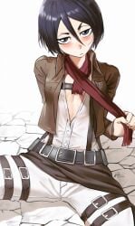 1girls attack_on_titan bleach bleach:_the_thousand-year_blood_war blush cosplay crossover_cosplay kuchiki_rukia mikasa_ackerman_(cosplay) petite petite_body petite_breasts shingeki_no_kyojin short_hair skinny skinny_girl small_breasts smaller_female tomboy waligner