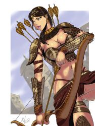 armor big_breasts bow_and_arrow cameltoe cleavage farah_(prince_of_persia) female_warrior heroine holding_weapon indian prince_of_persia revealing_clothes tagme tesan weapon