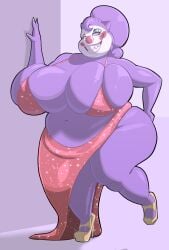 1girls bedroom_eyes big_breasts blue_eyeshadow breasts cleavage clothing clown clown_makeup dress eyelashes eyeshadow female high_heels huge_breasts lucky_(mcnasty) makeup mcnasty midriff nintendo no_humans overweight pokémon_(species) pokemon pokemon_(species) purple_body purple_hair purple_skin red_eyes sharp_teeth skindentation smile solo solo_female thick_thighs