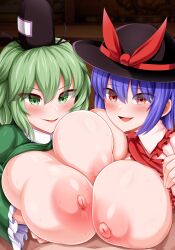 1boy 2girls ascot big_breasts bimbo black_headwear blue_hair blush breasts breasts_out breasts_squeezed_together commentary frilled_shirt_collar frilled_sleeves frills gigantic_breasts green_eyes green_hair green_shirt hat hat_ribbon huge_breasts iku_nagae implied_paizuri large_breasts looking_at_viewer monaka_(gatinemiku) multiple_girls nagae_iku nipples open_clothes open_mouth open_shirt pink_shirt red_ascot red_eyes red_ribbon ribbon shirt short_hair smile soga_no_tojiko straight sun_hat sweat symbol-only_commentary tate_eboshi touhou