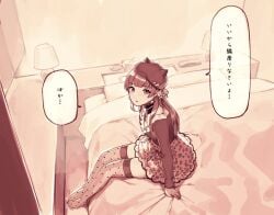 animal_print bedroom beret black_headwear black_shirt choker fake_horns female frilled_choker frills full_body hat horns hotel_room idolmaster idolmaster_shiny_colors leopard_print limited_palette long_hair looking_at_viewer mayuzumi_fuyuko polka_dot_pantyhose shirt sitting speech_bubble sunaba_suzume thighhighs translation_request