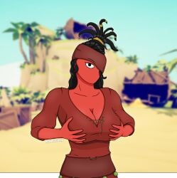 2d 2d_(artwork) big_breasts black_hair breasts cleavage female female_only holding_breast looking_at_viewer mouthless moyachnik one_eye pirate pirate_queen red_clothes red_skin solo solo_female tagme totally_accurate_battle_simulator