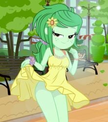 accurate_art_style dress dress_lift equestria_girls exhibitionism exposed_pussy friendship_is_magic green_hair green_skin my_little_pony no_panties no_underwear outside park park_bench public public_nudity pussy pussy_juice seductive seductive_look seductive_smile skirt smile upskirt wallflower_blush_(eg) yellow_dress