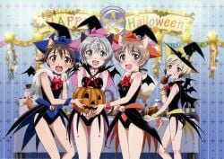 4girls animal_ears bare_legs bare_shoulders bat_(animal) blonde_hair blue_eyes blush bottle brown_eyes brown_hair cake cat_ears cat_tail chicken_(food) choker dot_nose eating english_text erica_hartmann food garland_(decoration) grey_eyes grey_hair halloween halloween_costume happy_halloween hat holding holding_food holding_jack_o_lantern jack-o'-lantern legs looking_at_viewer lynette_bishop medium_hair miyafuji_yoshika multiple_girls official_art open_mouth sanya_v._litvyak standing star_(symbol) strike_witches table tail teeth turkey_(food) witch witch_hat world_witches_series wrist_cuffs