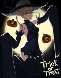 1girls blonde_hair full_moon green_hair happy_halloween irritated looking_at_viewer maka_albarn mobi_mobi nervous nervous_sweat pumpkin small_breasts soul_eater thick_thighs thighhighs twintails wide_hips witch_costume witch_hat