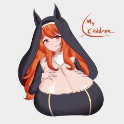 ara_ara big_breasts blush breasts brown_eyes cross_necklace dialogue eyebrows_visible_through_hair horse_ears huge_breasts indie_virtual_youtuber jcdr looking_at_viewer lucahjin nun nun_outfit orange_hair smile virtual_youtuber vtuber