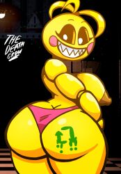 1girls animatronic anthro anthro_only ass ass_cleavage avian big_ass big_breasts bird breasts butt_crack chicken female female_only five_nights_at_freddy's five_nights_at_freddy's_2 grin nipples panties robot sharp_teeth solo teeth thedeathcrow05 toy_chica_(fnaf) underwear white_eyes yellow_body yellow_skin