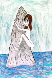 2023 embarrassed_nude_female hilda_(series) human johanna_(hilda) naked nipples ocean pencilwalker rock traditional_media_(artwork) water