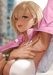 arm_up armpit armpit_crease armpit_fetish armpit_focus armpit_peek armpit_play armpit_spread armpit_sweat armpits blonde_hair blue_eyes breasts dark_skin female gyaru minko_(vtuber) mute_(mute89539160) pink_coat presenting_armpit presenting_armpits red_nails sexy_armpits smelly_armpits spread_armpit steamy_armpits sweat sweaty sweaty_armpits tongue tongue_out