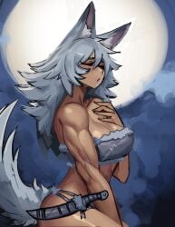 1girls animal_humanoid breasts canid canid_humanoid canine canine_humanoid cleavage closed_eyes clothed clothing dark-skinned_female dark_skin eyes_closed ezzydraws ezzyecchi female female_focus female_only full_moon hand_on_breast hi_res humanoid knife long_hair mammal mammal_humanoid moon muscular muscular_female night solo wolf_ears wolf_girl wolf_tail