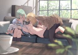 3girls absurdres bang_dream! bang_dream!_it's_mygo!!!!! benevole black_pantyhose black_skirt black_thighhighs blonde_hair blue_hair breast_sucking breasts brown_skirt closed_eyes commission couch cup fff_threesome fingering green_hair group_sex highres indoors kissing long_hair medium_breasts misumi_uika multiple_girls nipples on_couch pantyhose pillow pleated_skirt school_uniform serafuku short_hair sitting skeb_commission skirt teacup thighhighs threesome togawa_sakiko wakaba_mutsumi yuri