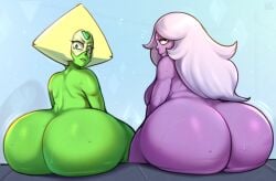 2girls amethyst_(steven_universe) back big_ass chubby curvy fat_ass gem_(species) green_eyes green_skin huge_ass large_ass madheaven multiple_girls peridot_(steven_universe) purple_hair purple_skin steven_universe sweatdrop thick_thighs very_long_hair viewed_from_behind wide_hips yellow_hair