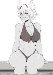 1girls absurd_res beelzebub_(helltaker) bikini breasts cleavage demon_horns female freckles greyscale grin helltaker hi_res horns large_breasts looking_at_viewer monochrome navel parted_lips pool short_hair signature simple_background sitting smile solo speedl00ver swimsuit thick_thighs white_background