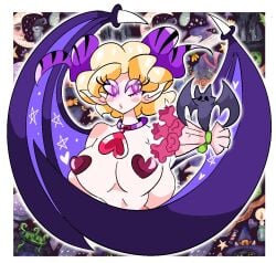 2boys bat bat_wings bimbo bimboi blonde_hair busty chest demon demon_horns demon_wings femboy feminine_male horns huge_breasts in_love incubus lipstick male male_chest male_only male_with_breasts purple_eyes summeryfortuna trap yellow_hair