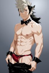 1boy abs black_hair brown_eyes erection fire_emblem fire_emblem_fates keaton_(fire_emblem) long_hair male male_only multicolored_hair muscular muscular_male nintendo pants scar sexyanimes solo underwear undressing white_hair wolf_boy