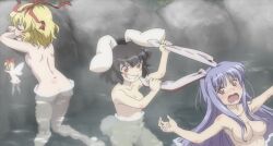 3girls ass barely_visible_genitalia barely_visible_nipples black_hair blonde_hair grin lunamoon manpuku_jinja medicine_melancholy medium_breasts multiple_girls navel nude onsen pulling_ears purple_hair rabbit_ears rabbit_tail red_eyes reisen_udongein_inaba screencap small_breasts su-san tewi_inaba the_memories_of_phantasm touhou