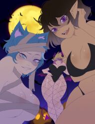 3girls averysai black_hair blonde_hair blue_hair erinsilvyr fishnets halloween indie_virtual_youtuber multiple_girls succubus virtual_youtuber vtuber