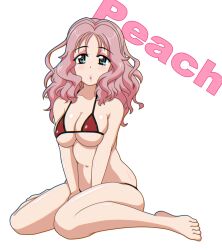 bikini blush breasts female girls_und_panzer gogopaint green_eyes large_breasts long_hair looking_at_viewer navel open_mouth peach_(girls_und_panzer) pink_hair red_bikini simple_background solo white_background