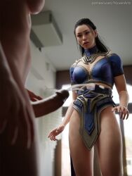 1futa 1girls 3d cum ejaculation erection female futa_on_female futanari half-dressed hands-free handsfree_ejaculation imminent_sex kitana kitana_(new_era) looking_at_penis low-angle_view mortal_kombat mortal_kombat_1_(2023) nyxenartz penis_awe sonya_blade thighs