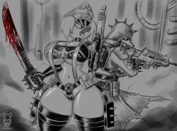 1girls 2023 5_fingers anthro armor astra_militarum avian bird blood blood_drip blood_on_sword bodily_fluids breasts cleavage clothed clothing collar death_korps_of_krieg duo elbow_gloves fan_character female fingers gas_mask glistening glistening_body gloves guardsman_(warhammer_40k) gun handgun handwear headgear helmet hi_res holding_gun holding_handgun holding_object holding_pistol holding_rifle holding_sword holding_weapon imperial_guard imperium_of_man ingrid_von_panzerfaust inquisition_(warhammer_40k) inquisitor inquisitor_(warhammer_40k) lasgun latex latex_gloves latex_thigh_highs male mask melee_weapon open_mouth pistol pouches ranged_weapon restricted_palette skimpy spiked_armor spiked_bracers spiked_collar spiked_helmet spikes standing sword thick_thighs under_boob warhammer_(franchise) warhammer_40k weapon wearing_hat wearing_helmet zombieray10