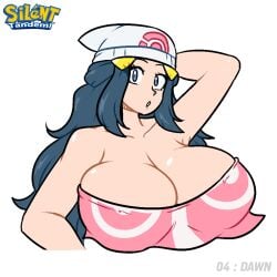 1girls alternate_breast_size big_breasts bikini bikini_top blue_eyes blue_hair dawn_(pokemon) hat huge_breasts open_mouth pink_bikini pokemon pokemon_dppt silenttandem