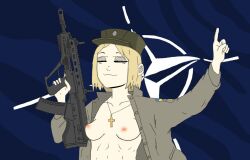 azov azov_chan blonde_hair breasts brown_eyes gun hands_up ivanochkaaa marichka naked national_personification nato_flag slavic ukraine ukrainian