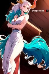 ai_generated blue_hair blush breast dress female female_only one_piece sirpercedalai yamato_(one_piece)