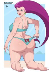 1girls artist_name ass bikini blue_eyes earrings female female_only huge_ass jessie_(pokemon) kneeling long_hair looking_at_viewer looking_back looking_back_at_viewer mature_female milf nintendo pokemon pokemon_(anime) purple_hair red_lipstick smiling smiling_at_viewer solo team_rocket thick_ass thick_thighs truewaifu