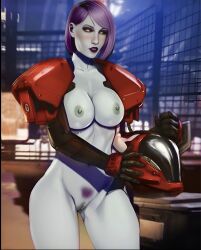 awoken bungie destiny_(game) destiny_2 female green_skin guardian_(destiny) hairy_pussy piercing pubic_hair purple_hair titan_(destiny)