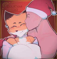 1boy 1girls 2020s 2022 2d 2d_(artwork) anthro anthro_on_human big_breasts blush breasts cheek_tuft christmas_hat collar cute cute_girl female fur furry furry_female hi_res highres kissing kissing_cheek large_breasts male male/female mammal orange_fur original original_character themercart tiff_(themercart)