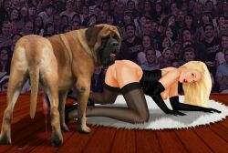 anticipation audience blonde_hair corset cringer990 cum_drip doggy_style elbow_gloves feverdreams high_heels interspecies_sex mastiff presenting stage_show thigh_high_stockings zoophilia