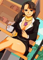 1girls 3amsoda blunt_bangs breasts brown_eyes brown_hair cleavage female female_only gyakuten_saiban holding_cup looking_at_viewer mia_fey mole mole_on_breast mole_under_mouth solo tagme