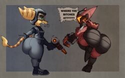 1boy alien anthro armor ass big_ass blaster bottom_heavy bubble_butt dat_ass dialogue dumptruck_ass fat_ass garbageboxxxed gun huge_ass large_ass lombax male male_only pistol png ratchet_(ratchet_and_clank) ratchet_and_clank solo text thick_ass thick_thighs weapon wide_hips