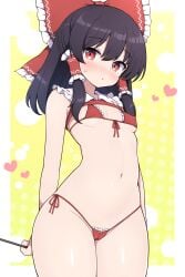 adapted_costume bare_arms bare_legs bare_shoulders bikini black_hair blush bow breasts cameltoe cleft_of_venus closed_mouth covered_erect_nipples cowboy_shot female flat_chest flat_chested hair_between_eyes hair_tubes hairbow hakurei_reimu heart highres long_hair looking_at_viewer micro_bikini navel red_bikini red_bow red_eyes reimu_hakurei rizento sidelocks small_breasts solo swimsuit touhou