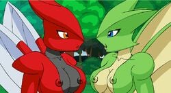 breasts color female female_only kissing multiple_females multiple_girls nintendo nipples pikanjo pokémon_(species) pokemon pokemon_(species) pokemon_snap pokemon_snap_xxx saliva_trail scizor scyther yuri