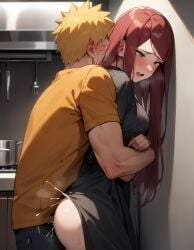 1boy against_wall ai_generated blue_eyes cheating cheating_wife cumming_inside female from_behind hugging incest long_hair milf mother_and_son naruto red_hair rtxfus sweatdrop uzumaki_kushina uzumaki_naruto