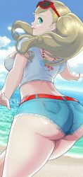 1girls ann_takamaki ass ass_focus atlus back back_view beach belt big_ass big_breasts blonde_hair blue_eyes blue_shorts blush booty_shorts bottomwear breasts dat_ass erect_nipples eyewear_on_head female female_only hair hair_ornament hi_res highres huge_ass legs lips long_hair looking_at_viewer looking_back megami_tensei neucia pawg persona persona_5 persona_5_scramble:_the_phantom_strikers pink_nail_polish pink_nails presenting_hindquarters pussy short_shorts shorts sideboob simple_background skimpy_clothes solo solo_female sunglasses sunglasses_on_head thick_lips thick_thighs thighs topwear twintails twintailssunglasses_on_head