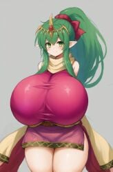 ai_generated big_breasts bimbo breasts elf_ears fire_emblem fire_emblem:_mystery_of_the_emblem fire_emblem:_shadow_dragon_and_the_blade_of_light gigantic_breasts green_hair happy hornymoron huge_breasts impossible_clothes impossible_clothing impossible_shirt large_breasts looking_at_viewer pointy_ears short_stack shortstack smile tight_clothes tight_clothing tight_shirt tiki_(fire_emblem)