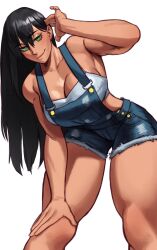 1girls bent_over black_hair commission female female_only green_eyes hi_res light-skinned_female light_skin long_hair looking_at_viewer overalls smiling smiling_at_viewer solo sotcho thick_thighs white_background