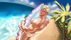 1boy abs actor ass barbie_(2023) barbie_(franchise) beach biceps big_penis blonde_hair boner butt caucasian caucasian_male celebrity circumcised erect_penis erection hard_on huge_penis in_character kaillrex ken_carson looking_at_viewer male male_only mattel muscles muscular muscular_male ocean outdoors outside palm_tree pecs penis ryan_gosling sand solo solo_male surfboard tanlines