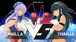 2girls alternate_costume bandana bangs bare_arms bare_thighs black_hair blue_eyes boxing_gloves breasts camilla_(fire_emblem) cleavage cosplay covered_navel crossover earrings female female_only fight fire_emblem fire_emblem_awakening fire_emblem_fates garter_straps gloves hair_over_one_eye ihsnet large_breasts leotard long_hair looking_at_viewer multiple_girls nintendo open_mouth purple_eyes purple_hair rival_schools sideboob smile tharja_(fire_emblem) thighs tiffany_lords_(cosplay) underboob vs