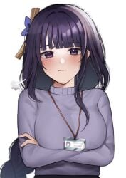 1girls blush braid braided_hair clothed clothes clothing female female_only folded_arms hair hair_ornament id_card long_hair mole mole_under_eye office_lady purple_eyes purple_hair raiden_shogun sigh simple_background sweater